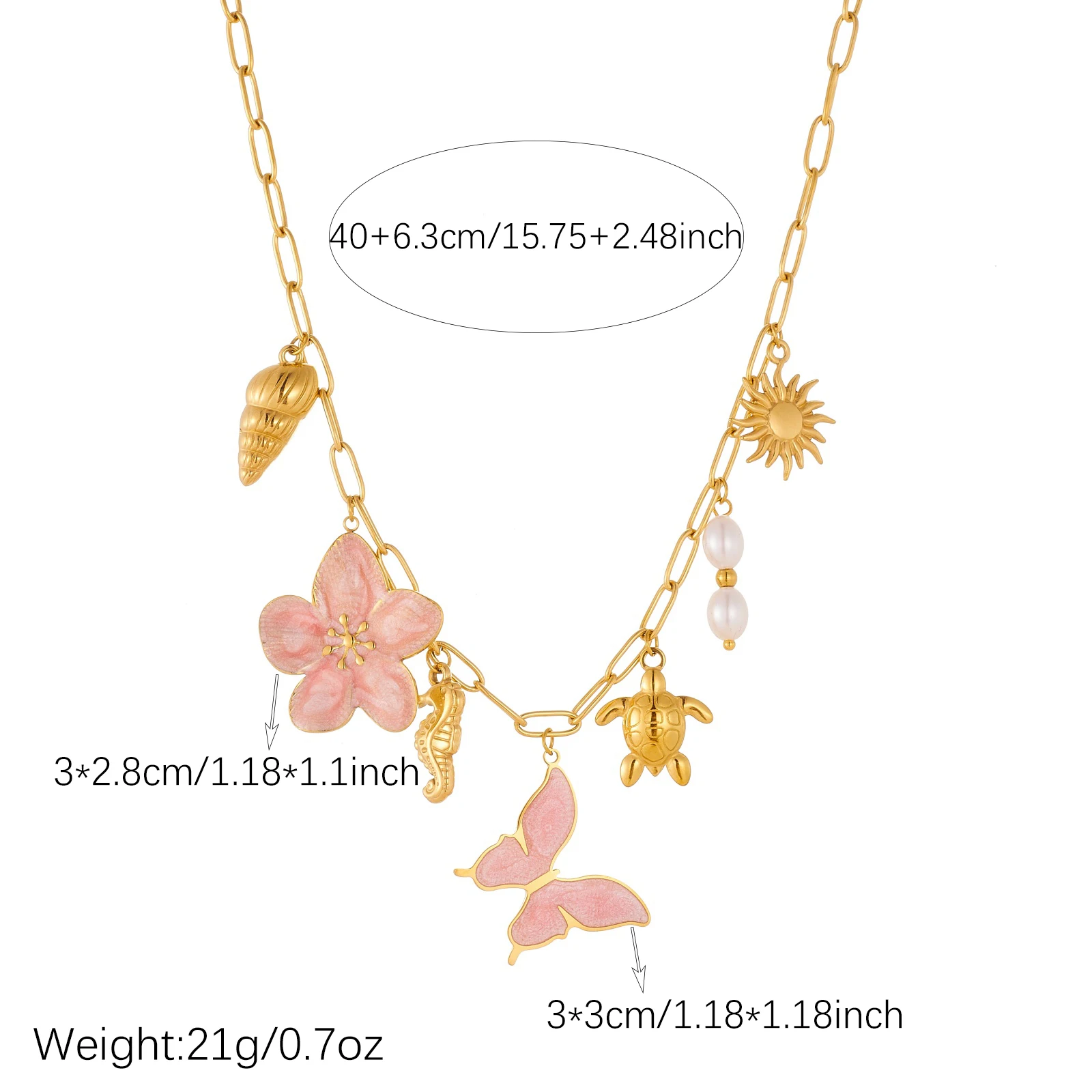 XIYANIKE 316L Stainless Steel Butterfly Flower Seahorse Turtle Charm Necklace|Pink Enamel Marine Jewelry&Perfect Gift for Women