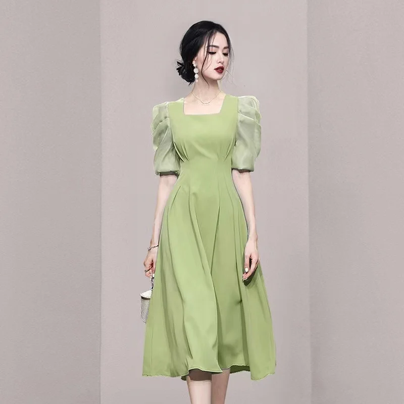 

2023 New Fashion Summer Ladies Office Midi Dress France Elegant Women Square Collar Puff Sleeve High Waist Green Slim Dresses