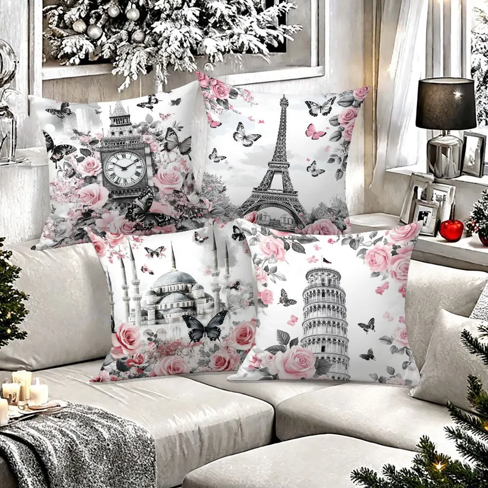 4pcs European Landmark Pillow Covers – Eiffel Tower, Leaning Tower of Pisa & Clock Tower with Pink Roses & Butterflies
