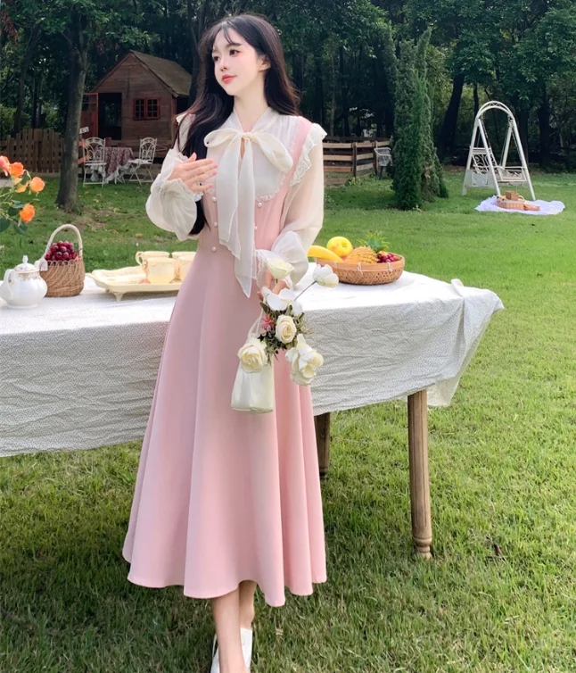 ربيع الخريف حجم كبير الحلو الوردي القوس عالية الخصر ألف خط فستان موضة الحد من العمر الشاش الربط وهمية قطعتين فساتين طويلة #2