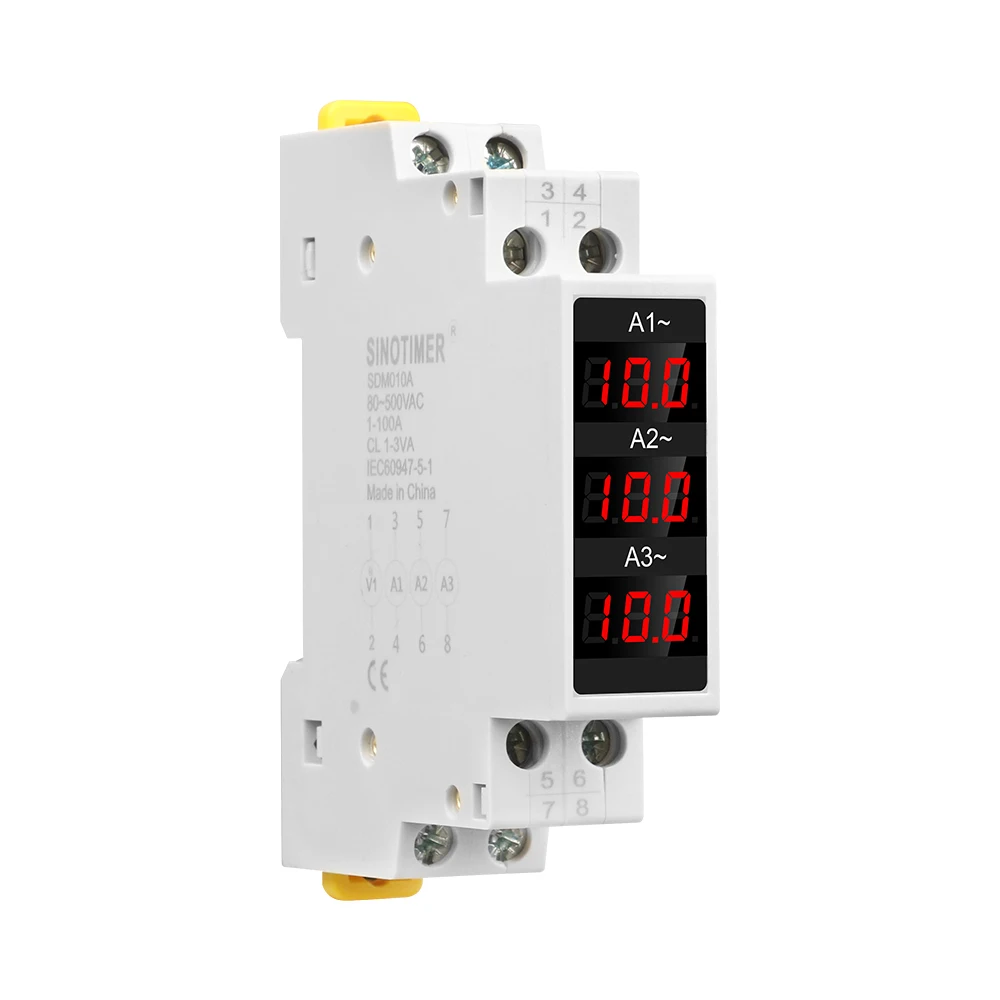 SDM010A Din Rail Three Phase AC80-500V Ammeter LED Current Meter Monitor 100A Ampere Meter Detector for Voltage Regulators