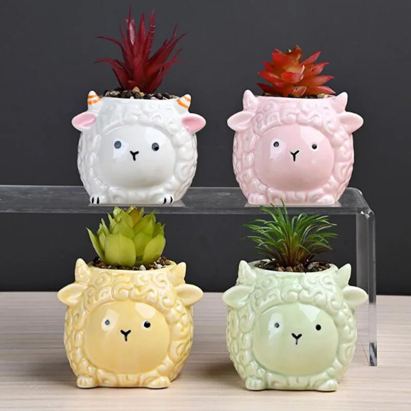 Porcelain Cute Sheep Fleshy Flower Pot Cartoon Animal Plant Pot Desktop Bonsai Vase Garden Art Home Decor