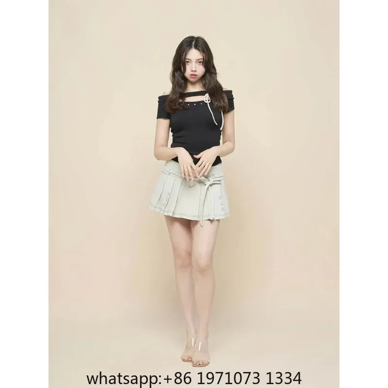 Japanese Chest Letter Embroidery Off-Shoulder Hollow T-Shirt Summer 、Women's Sexy Waist-Exposing Stretch Slim Short Sleeve Top