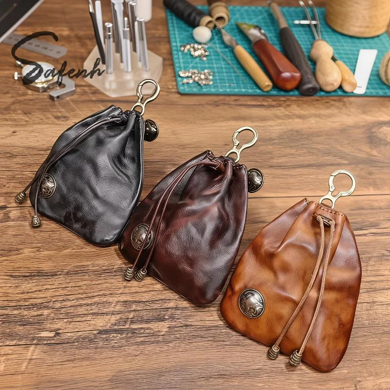 PU Leather Drawstring Coin Pouch Vintage Design Sturdy Metal Hook For Coins Keys Small Daily Items