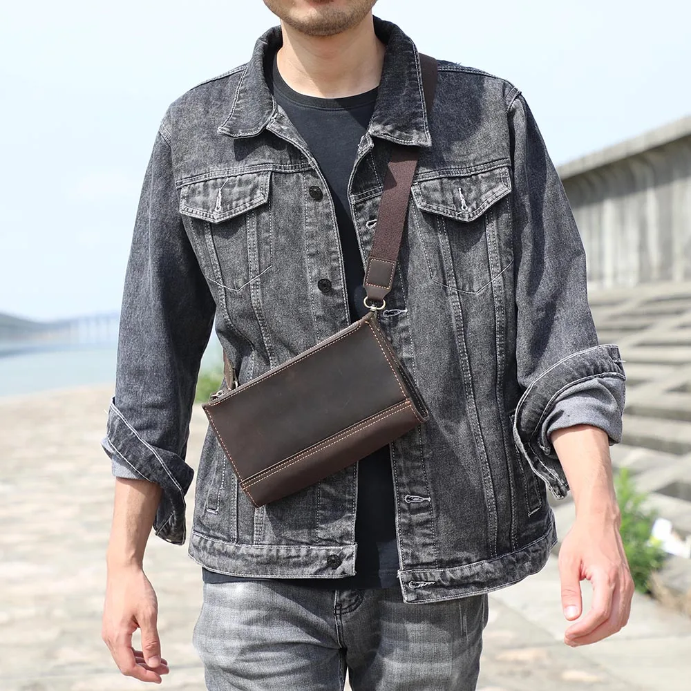 Echte Leder-Umhängetasche für Herren, Clutch-Tasche, Vintage Crazy Horse Crossbody-Taschen für Männer, Mini-Multifunktions-Geldbörse – Detail 4