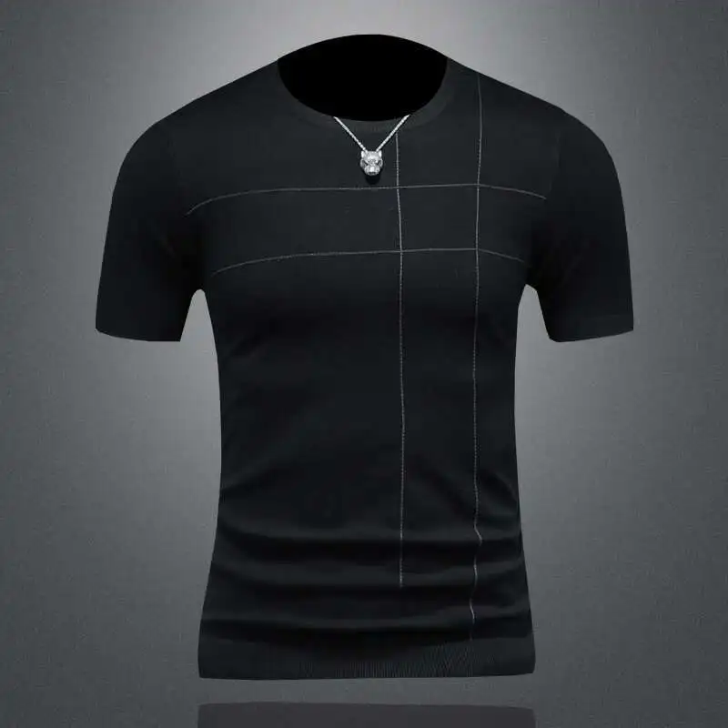 Patchwork Stripe Slim Knitted T Shirt Homme Streetwear Fashion Casual T-Shirt Contrasting O-Neck Stretched Men's Tee Shirt
