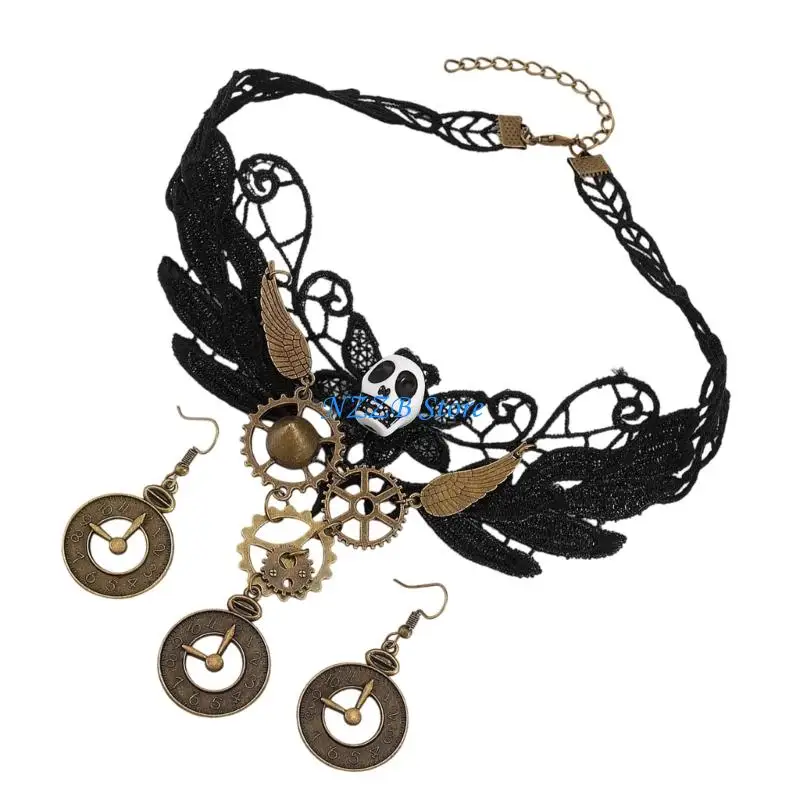

T21F Gothic Lace Choker Necklace Gear Clock Earrings Halloween Costume Jewelry