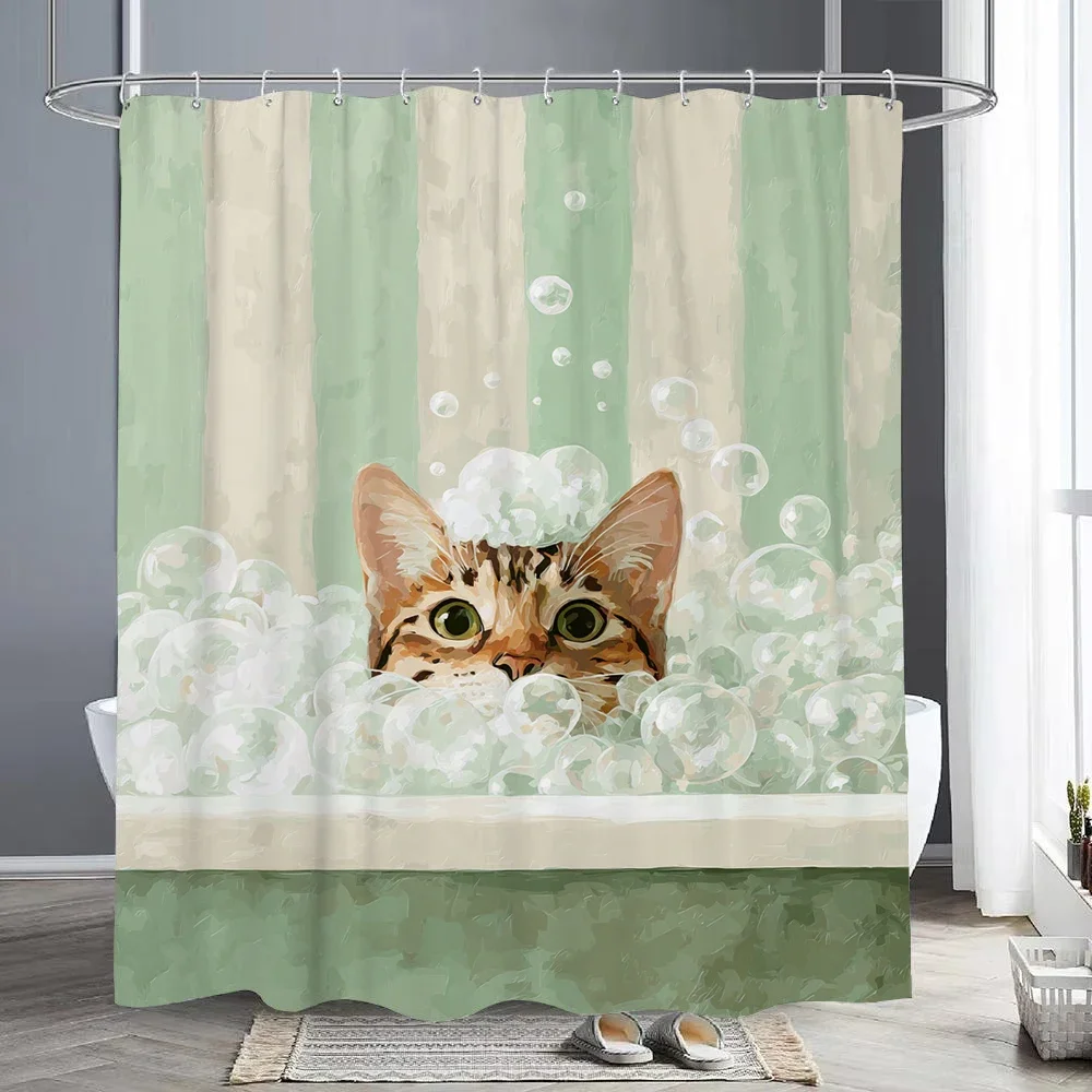 Cartoon Cute Bathing Cat Modern Plants Shower Curtain, Bathroom Decorative Shower Curtain, Waterproof Shower Curtain with Hooks