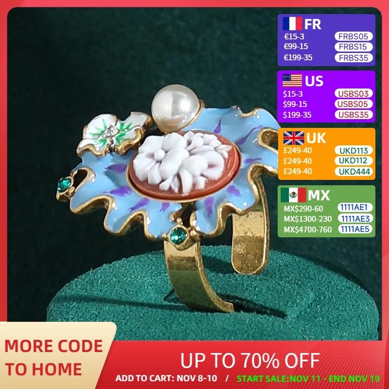 

Vintage Blue Relief Flower Rings Pearl Enamel Petals Accessories For Woman Luxury Quality Open Finger Party Jewelry 2025 New