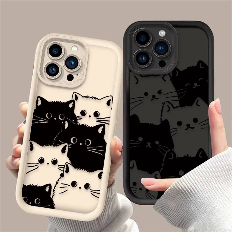 Bonita funda de silicona suave para iPhone, protector de pantalla completa con gato blanco y negro para iPhone 16, 15, 14, 13, 12, 11 Pro Max, X, XS, X, S Max, XR, SE 2020, 7, 8 Plus