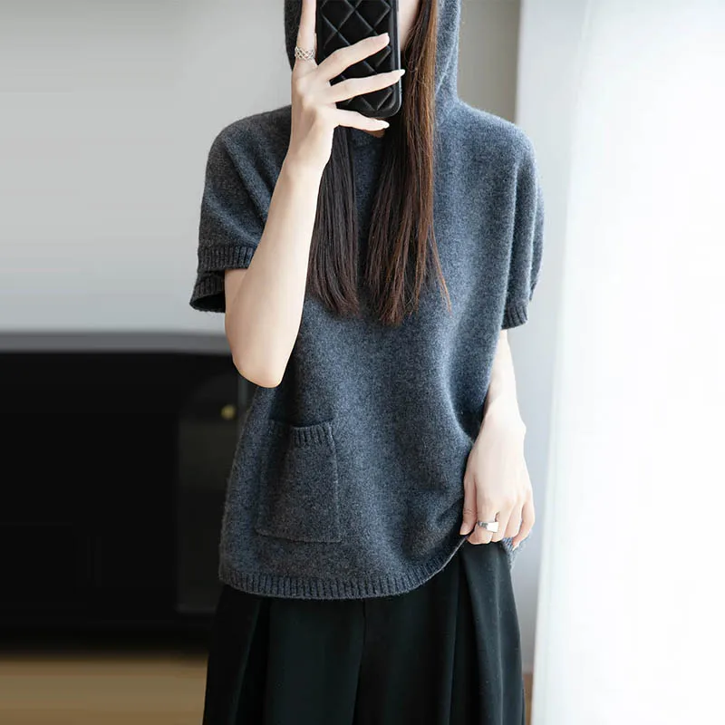 

Yoyoselect 100% Merino Wool Women's Pullover Short Sleeve Hooded Sweater Spring Autumn O Neck Buttoned Knitwear Soft Tops