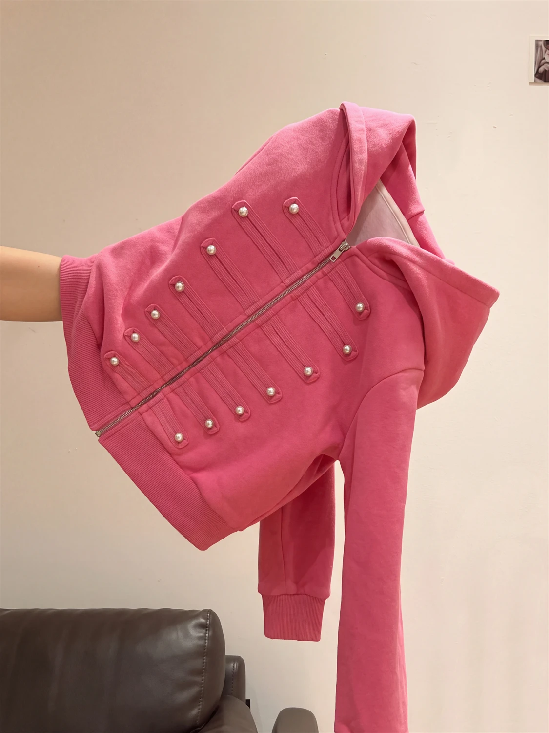 Napoleon American Style Washed out Hoodie Women's Autumn High-End Short Slim Fit Open Cardigan Jacket Fashionable Commute