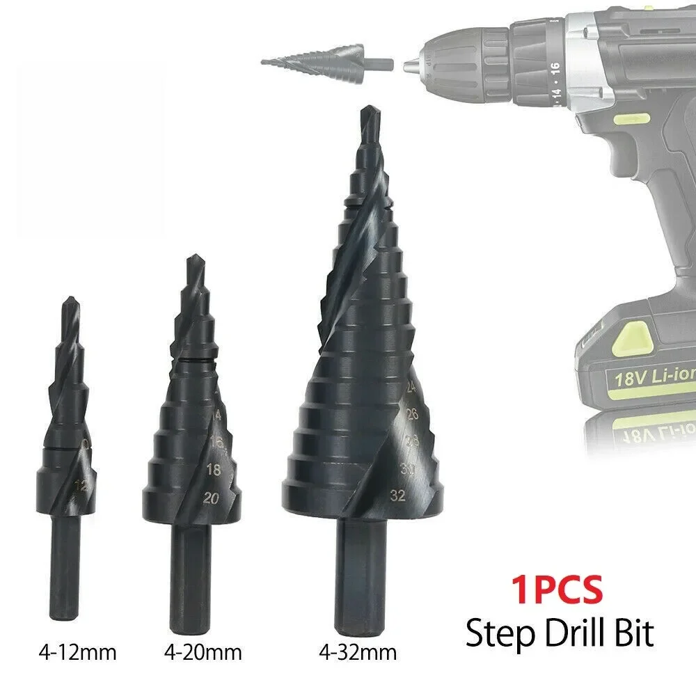 

1PCS HSS Nitride Coated Cone Spiral Step Drill Bit Set Metal Triangle Shank Hole Cutter Power Tools Kit 4-12 20 32mm