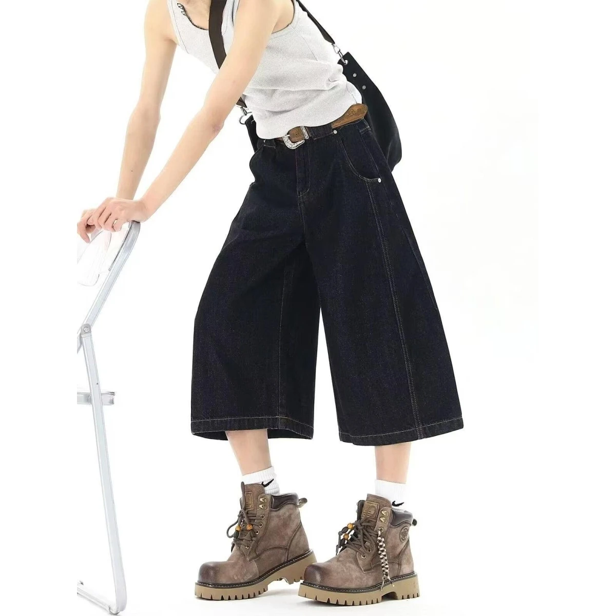 Calças Jeans Largas e Soltas Azul Cor Original Sete Décimos Masculinas e Femininas Shorts Confortáveis de Fibra de Poliéster ...