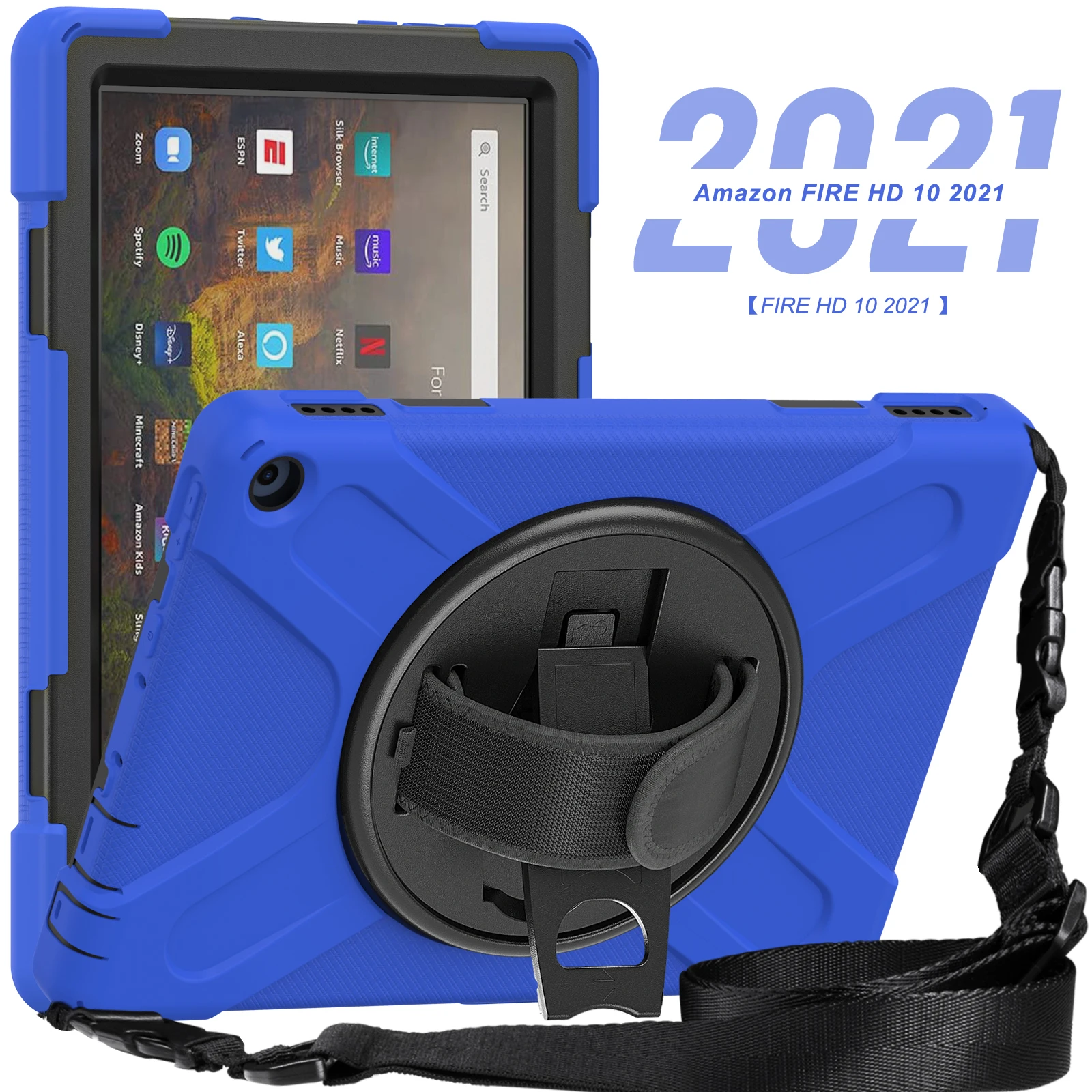 

Сверхмощный чехол-подставка для Amazon Fire HD 10 Plus 2021, 11-го поколения, 10,1-дюймовый вращающийся на 360 градусов чехол с ручным и плечевым ремнем