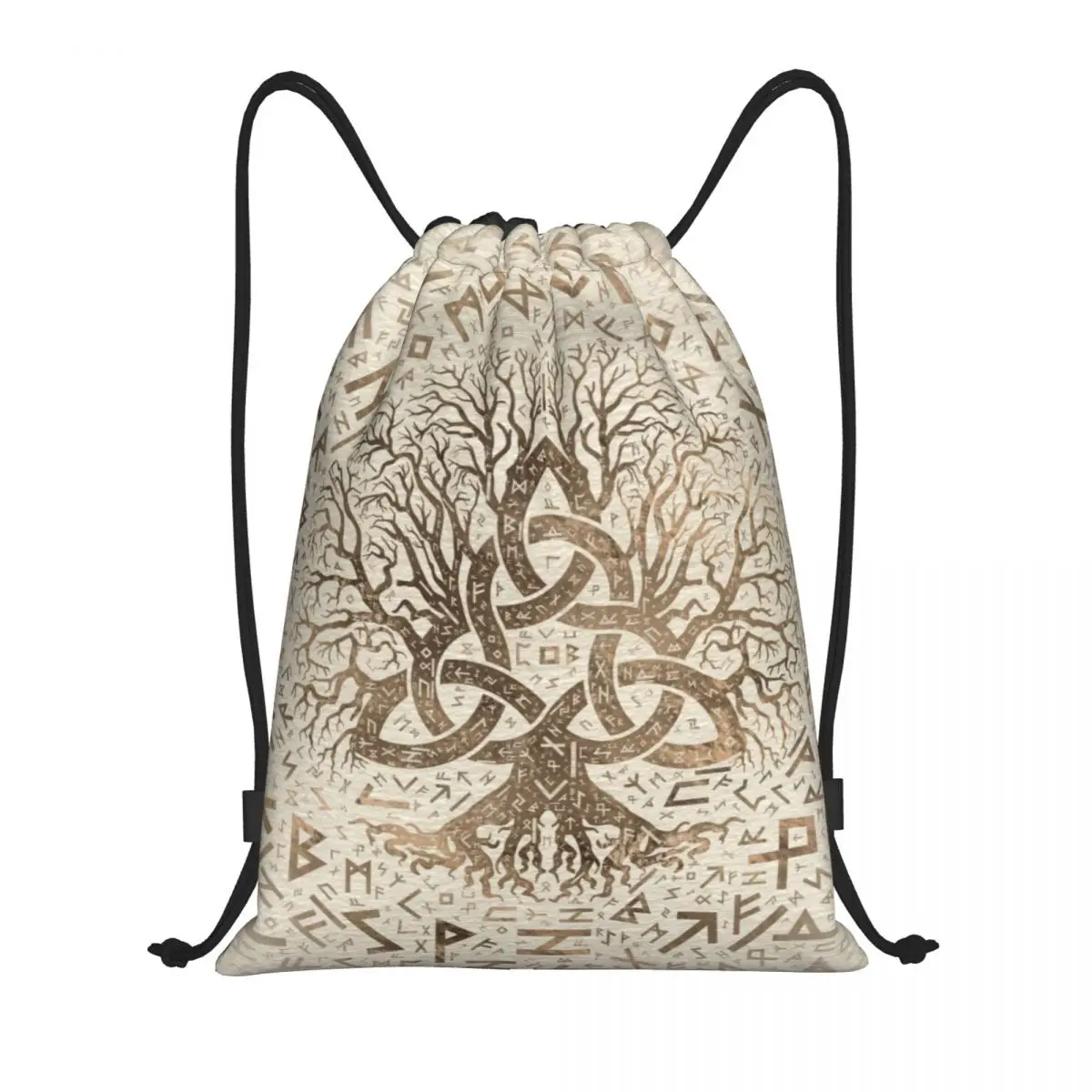 Tree Of Life With Triquetra And Futhark Pastel Gold Drawstring Backpack Sports Gym Bag Viking Norse Yggdrasil Shopping Sackpack