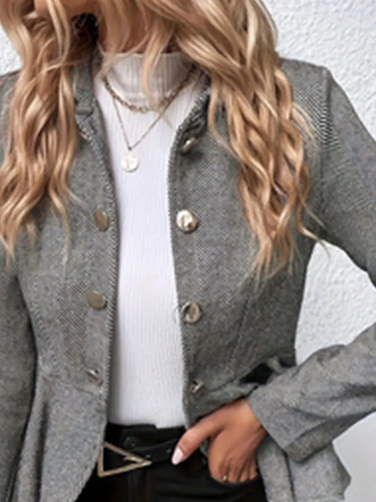 Plus Size Casual Coat, Women\'s Plus Chevron Print Long Sleeve Button Up Lapel Collar Peplum Coat