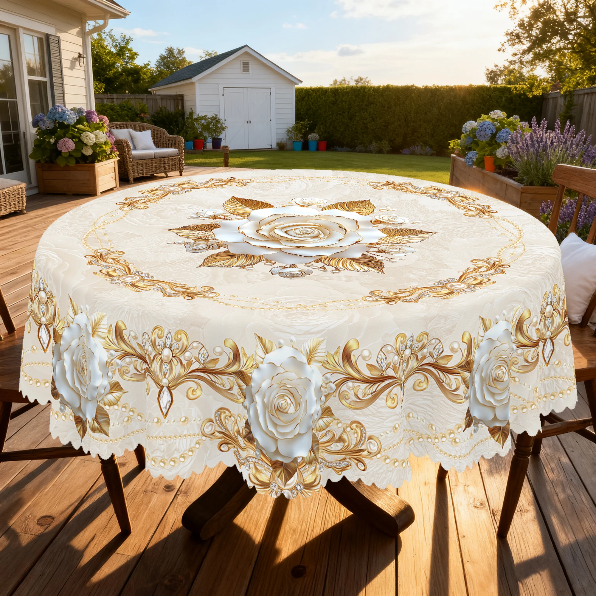 1 Piece Floral-Themed Gold Printed Tablecloth, Vintage Farmhouse Style, with Blooming Rose Pattern Design, Suitable for Spring and Summer Wedding Season, Mother's Day, Anniversary, Camping Picnic, Holiday Gatherings, Party Decorations, Kitchen Accessories, Tablecloth for Indoor and Outdoor Use in Restaurants, Patios, Perfect Gift for Friends, Round and Rectangular Tablecloths, Various Sizes Available