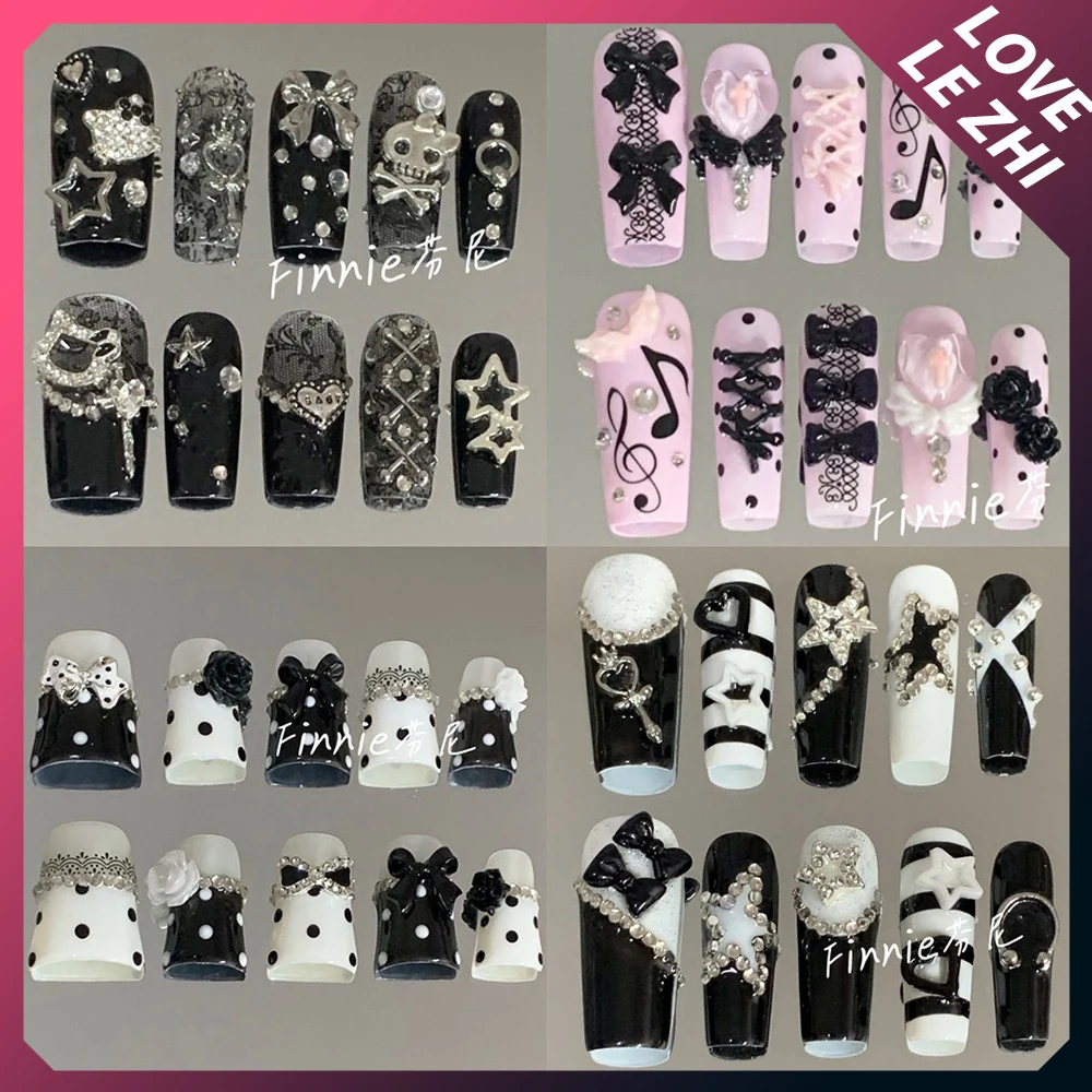 

10Pcs Y2K Hot Girl Long Square Handmade French Fake Nails Punk Heavy Metal Chain Bowknot Diamond Design Wearable Press On Nails