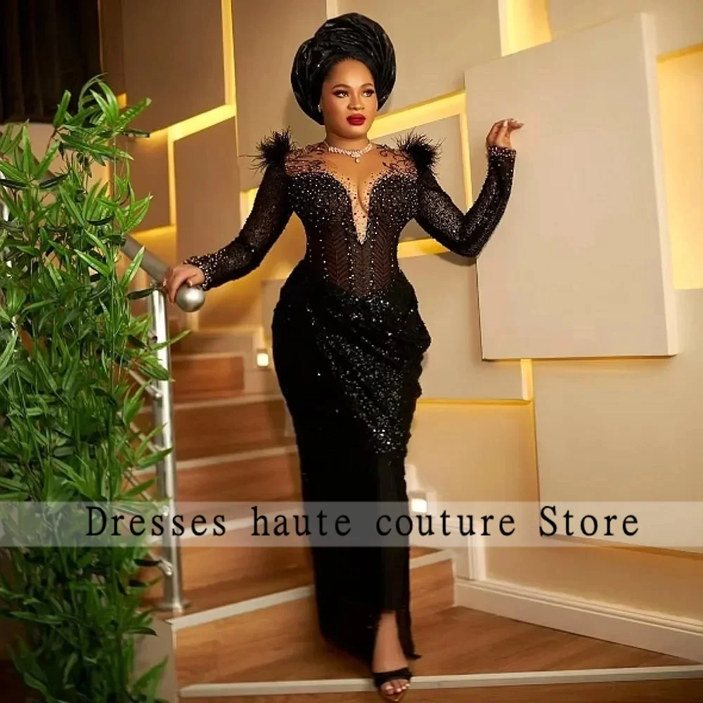 

Aso Ebi Evening Dresses Ostrich Sequin Straight Black Nigerian Prom Dress Long Sleeves Formal Gowns Feathers Sparkle Custom Made