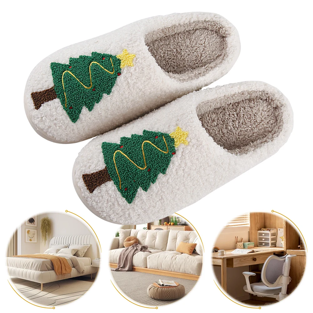 

Christmas Tree Plush Slippers Warm Slip-on House Shoes Flat Thermal Slippers Furry Xmas Tree Slipper for Autumn Winter