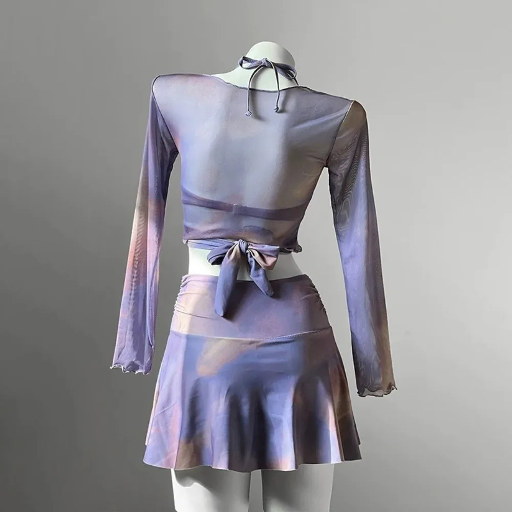 

Ins Tie-dye 3 in 1 Swimwear Set Purple Beachwear Long Sleeve Swimsuit Sun Protection camisole Bikini Bathing Suit Ladies