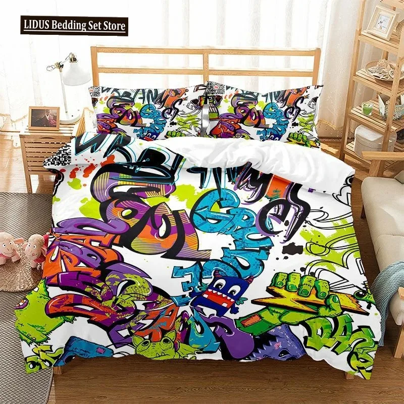 Hippie Graffiti Duvet Cover Set King Queen Size For Kids Boys Youth Polyester Comforter Cover Modern Street Art Bedspread Cover