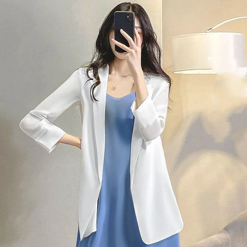 2024 New Summer Korean Edition Fashion Simple Commuting Solid Color Versatile Thin Three Quarter Mid Length Suit Coat dla kobiet