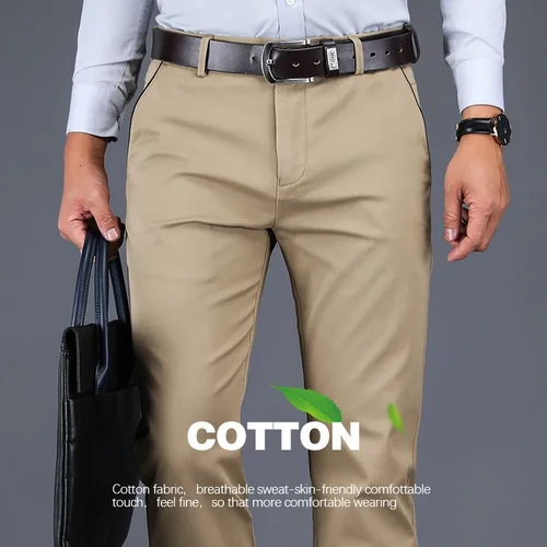 Pantalones informales para hombre, ropa de marca de estilo clásico, 98% algodón, holgados, elásticos, delgados, rectos, de cintura alta