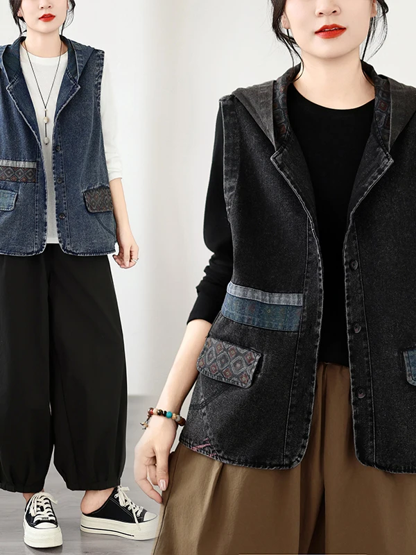Loose Casual Hooded Denim Vest Women's plus Size Sleeveless Short Shoulder Pad Jacket Autumn 2026 Pure Cotton Inner Wear