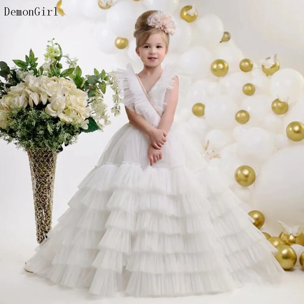 Vestido de flores blanco marfil para niña, vestido de tul escalonado sin mangas para fiesta de cumpleaños, vestido de primera comunión, evento especial