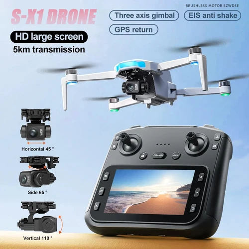 Imagen 2 del producto S-X1 Dron GPS de alta gama, cámara profesional 8K con pantalla, transmisión de imagen Digital de 10KM, cardán de 3 ejes, cuadricóptero RC sin escobillas