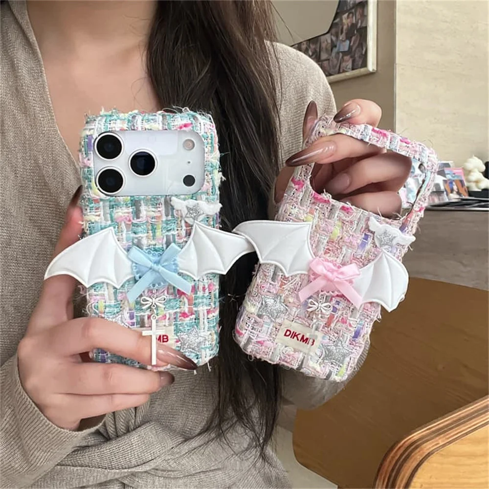 Cute Tweed 3D Devil Wing Phone Case For iPhone 18 17 16 15 Pro Max Korea Ins Fabric Hard Cover With Bow Cross Charm Fundas