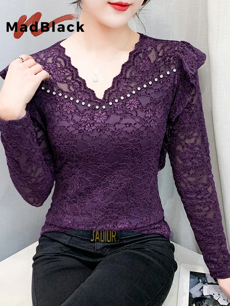 MadBlack-Women European T-Shirt, Sexy V Neck Diamond Lace, Fashion Ruffles Long Sleeve Slim M-3XL Knit Tee, 2026 Autumn T67636CC