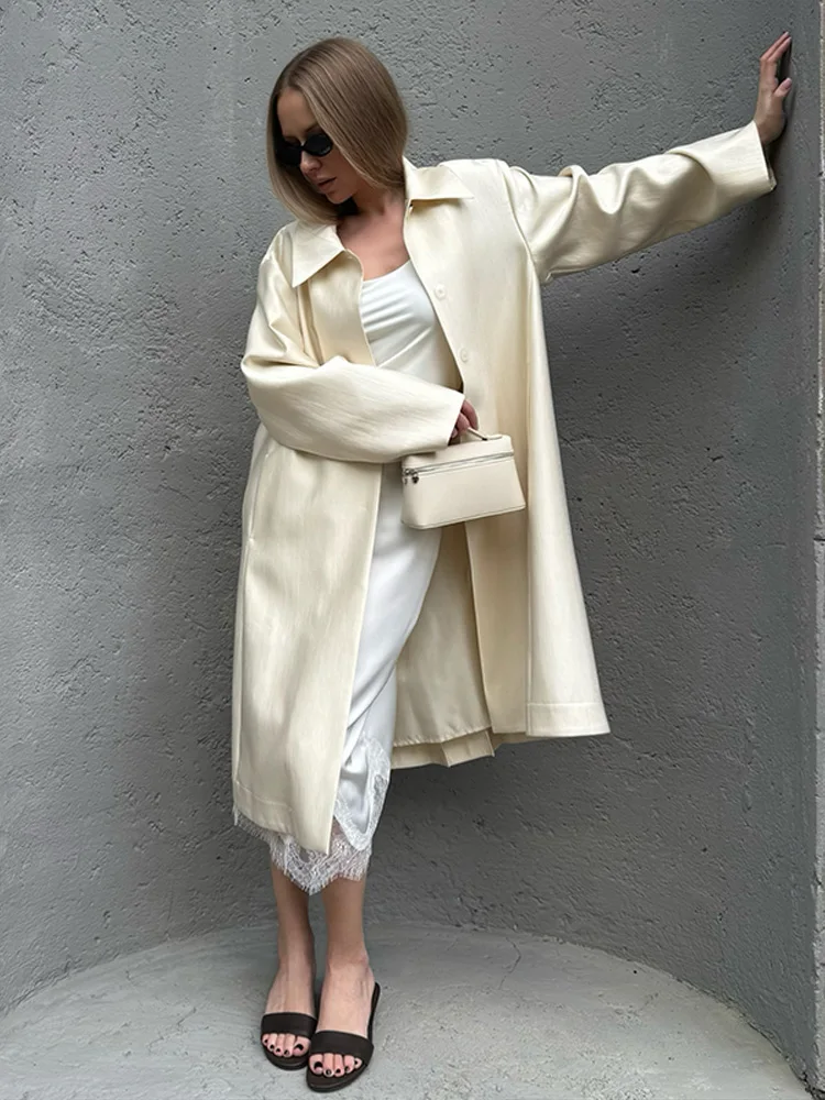 Fashion Solid Satin Lapel Long Coat for Casual Loose Long Sleeve Single Breasted Female Jacket 2026 Autumn Office Lady Outerwear