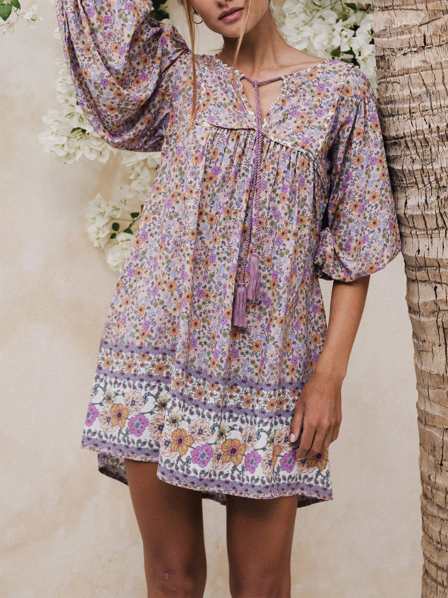 Bohemian Style Floral Print Dress with Tassels and V-Neck Half Sleeve Flowy Hem Lounge Short Dress for Women