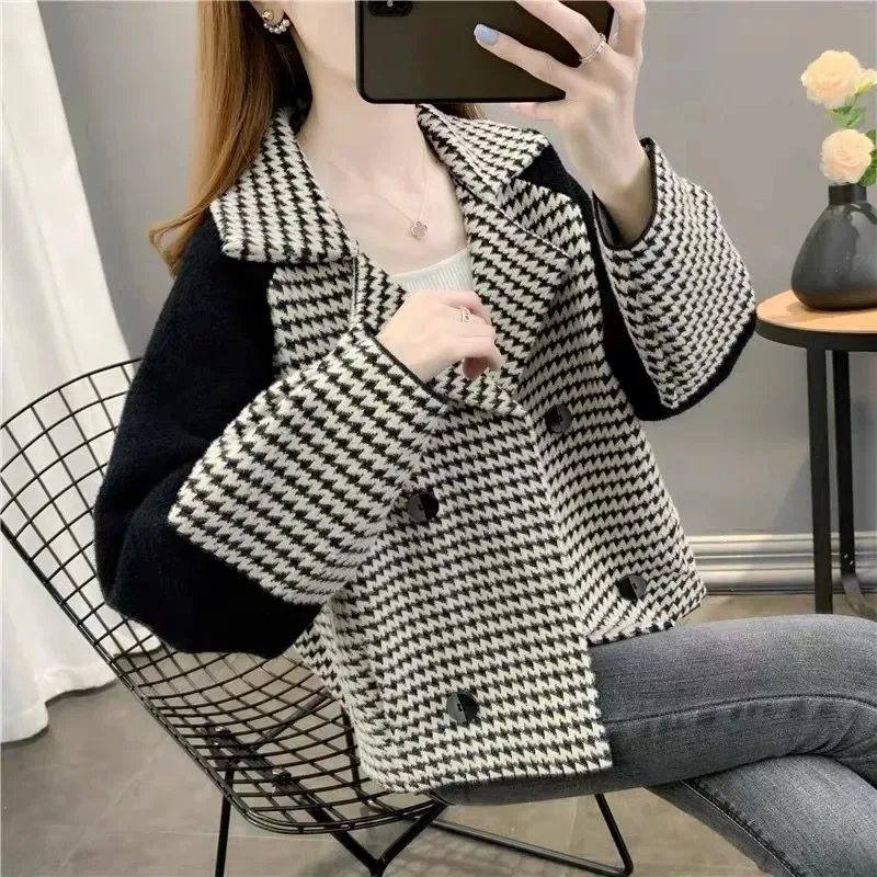 

Contrast Plaid Women's Autumn and Winter Lapel Button Long-sleeved Cardigan Jacket Fashionable Casual Top