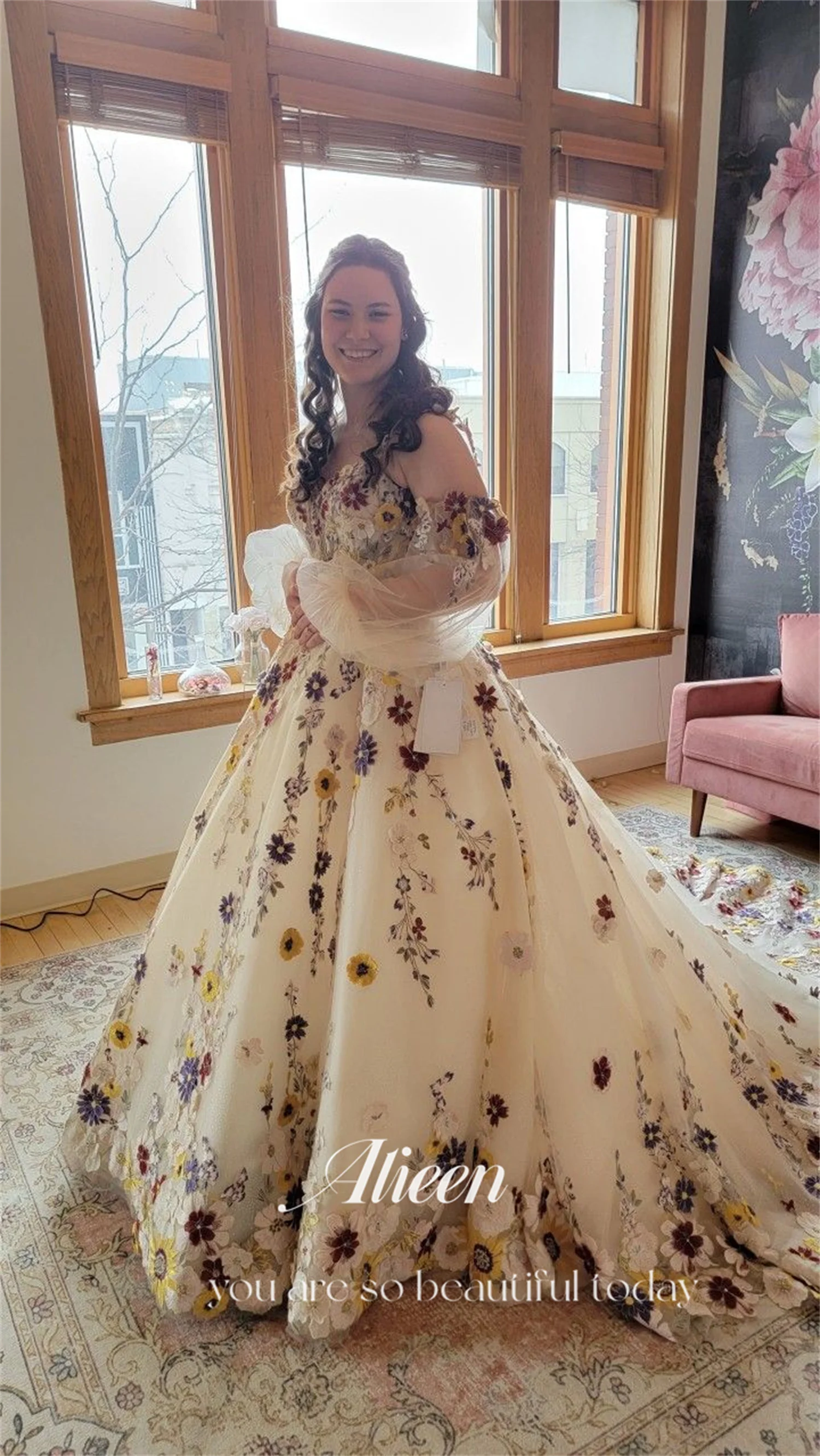 Sweetheart Puff Sleeves Long Tail 3D Flowers Champagne Chubby Elegant Party Dresses Customized for Wedding Evening Woman Gala