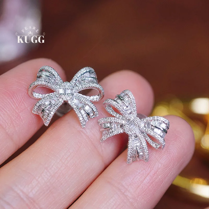 KUGG 100% 18K White Gold Earrings Women Luxury Bowknot Shape 1.0carat Real Natural Diamond Stud Earrings High Party Jewelry