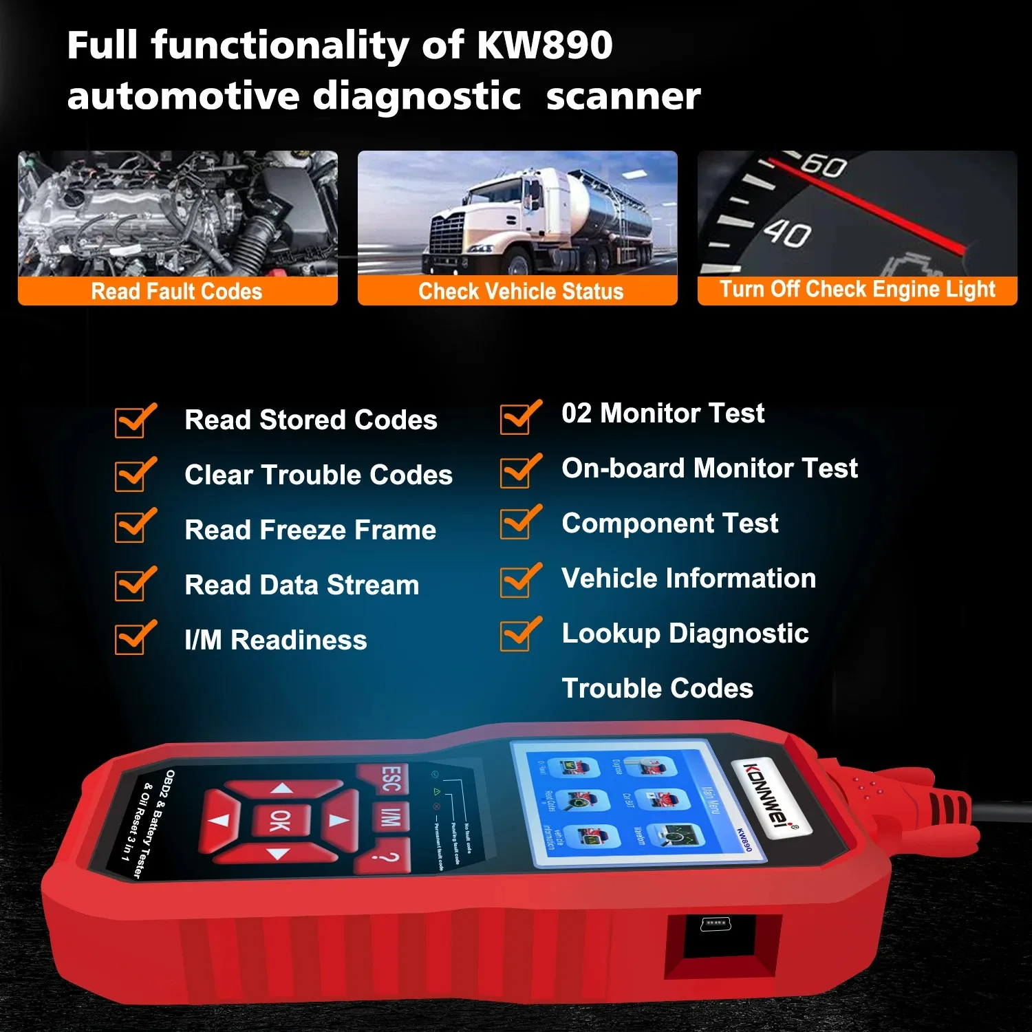 2026 KONNWEI KW890 12V Car OBD2 Battery Tester Analizer Auto Diagnostic Tool Battery Match 3 in 1 Car OBDII Scanner Code Reader