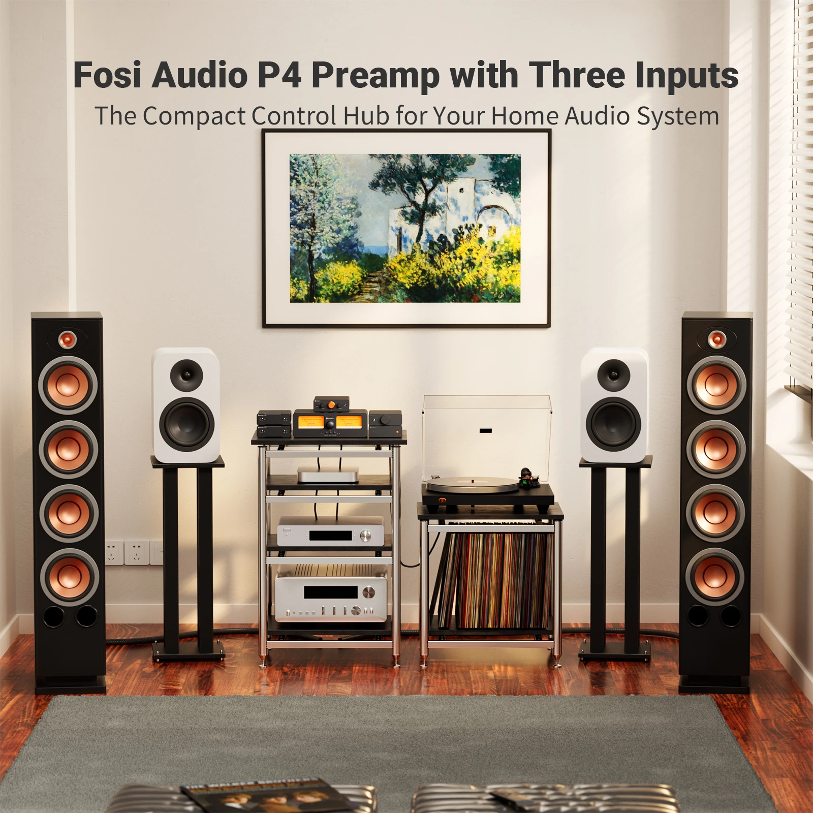 Fosi Audio P4 HiFi 프리앰프: 3개의 RCA 입력, EQ/바이패스, 교체 가능한 연산 증폭기, 오디오파일 시스템용 고음 및 저음 톤 제어