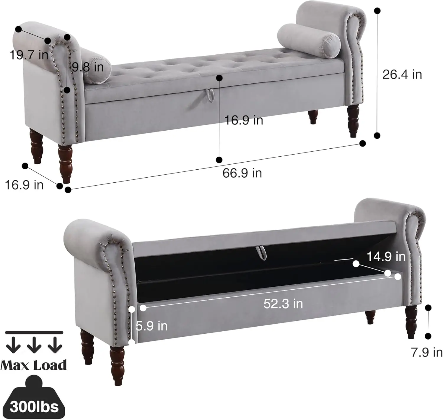 'King Size End of Bed Storage Bench, Velvet Upholstered Tufted with Arms, Grey'