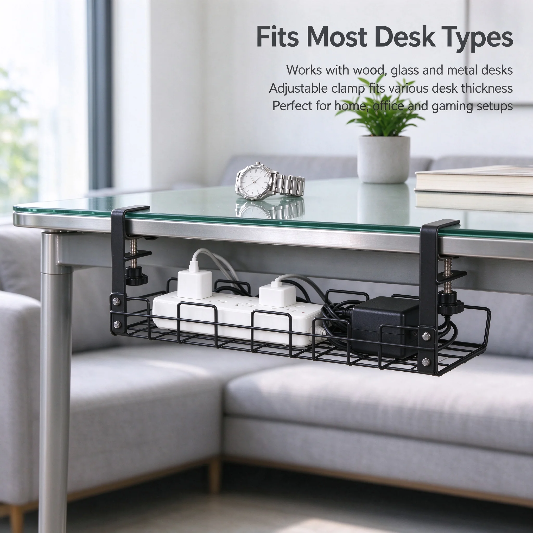 Under Desk Cable Organizer, Metal Wire Cord Management Basket Clamp On Power Strip Holder for Computer Desk, Strong & Sturdy