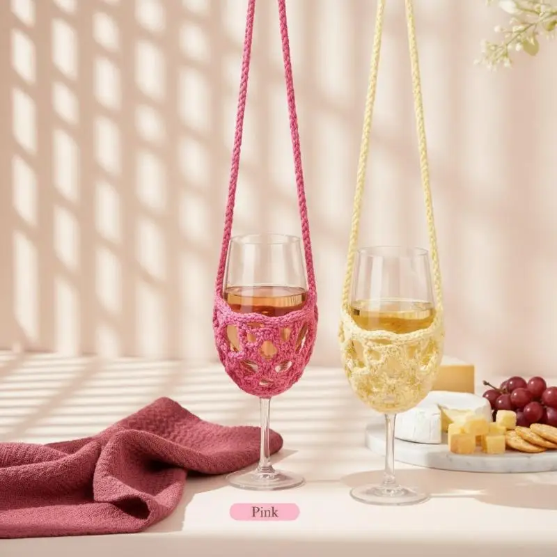 Portable Crochet Knitted Wine Glass Crossbody Holder Hollow Lightweight Sleeve for RV Travel Road Trip 1Pcs