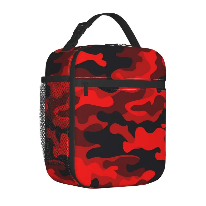 Lunch Box Military Camouflake Camo Red Black Insulated Bag Reusable with Side Pocket for Work School Picnic Hiking Daytrip