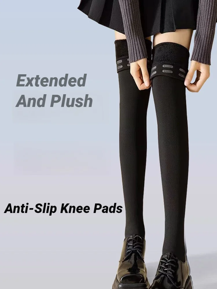 Women's  Warm Long Socks Thigh High Stockings Non-slip Silicone Plush Lined Over The Knee Socks For Fall & Winter