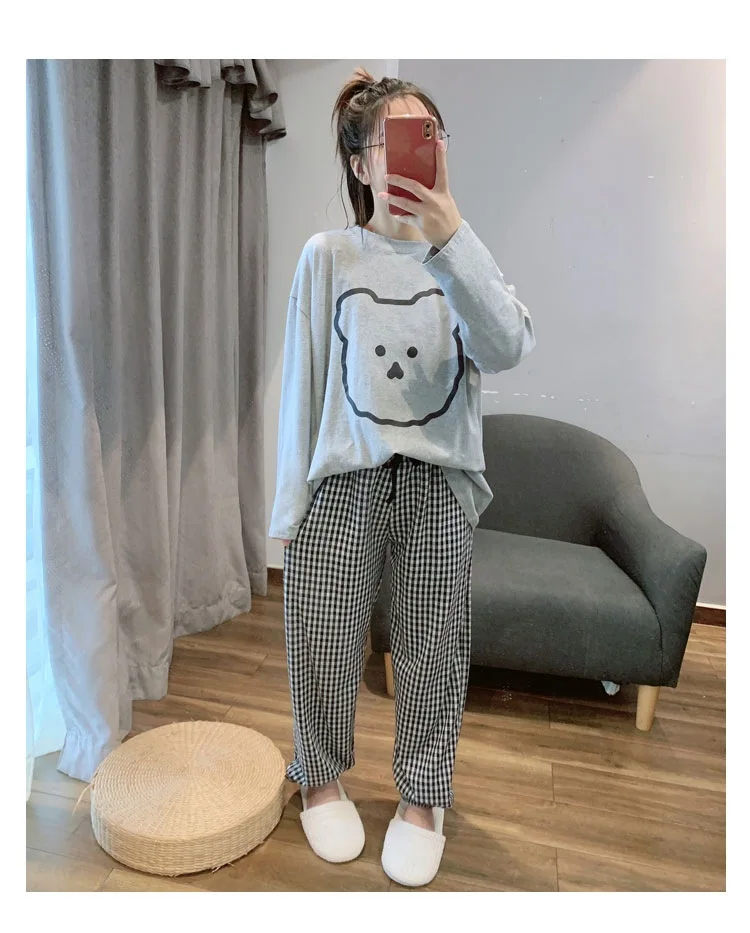 Ladies 2-Piece Set Of New Spring And Autumn Women\'s Sleepwear Long-Sleeved Trousers Korean Version Of The Loose Casual Homewear