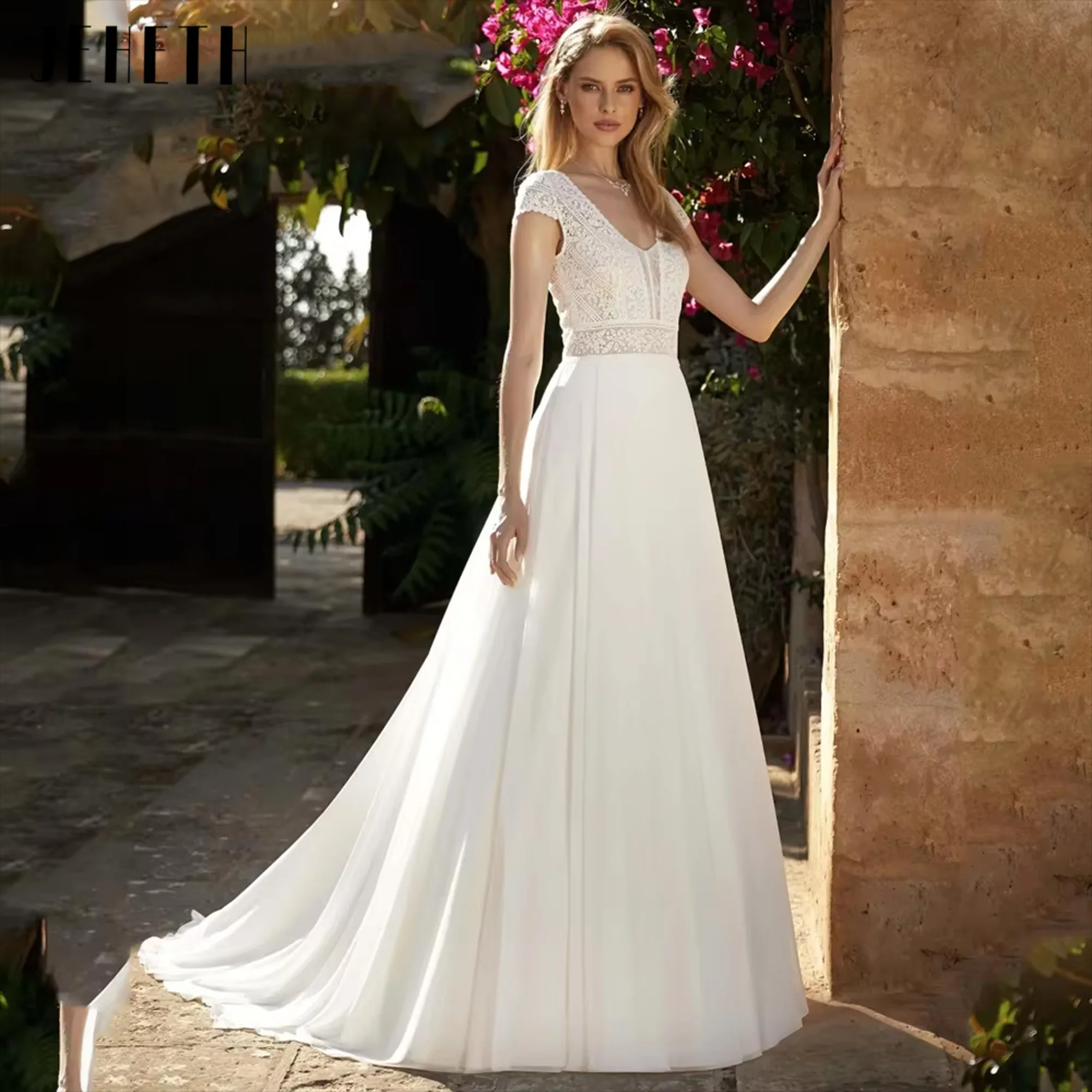 

Boho A-Line Wedding Dress Short Cap Sleeves Chffion Lace Bridal Gowns V-Neck Cut-Out Elegant Buttons Vestido De Noiva Customized