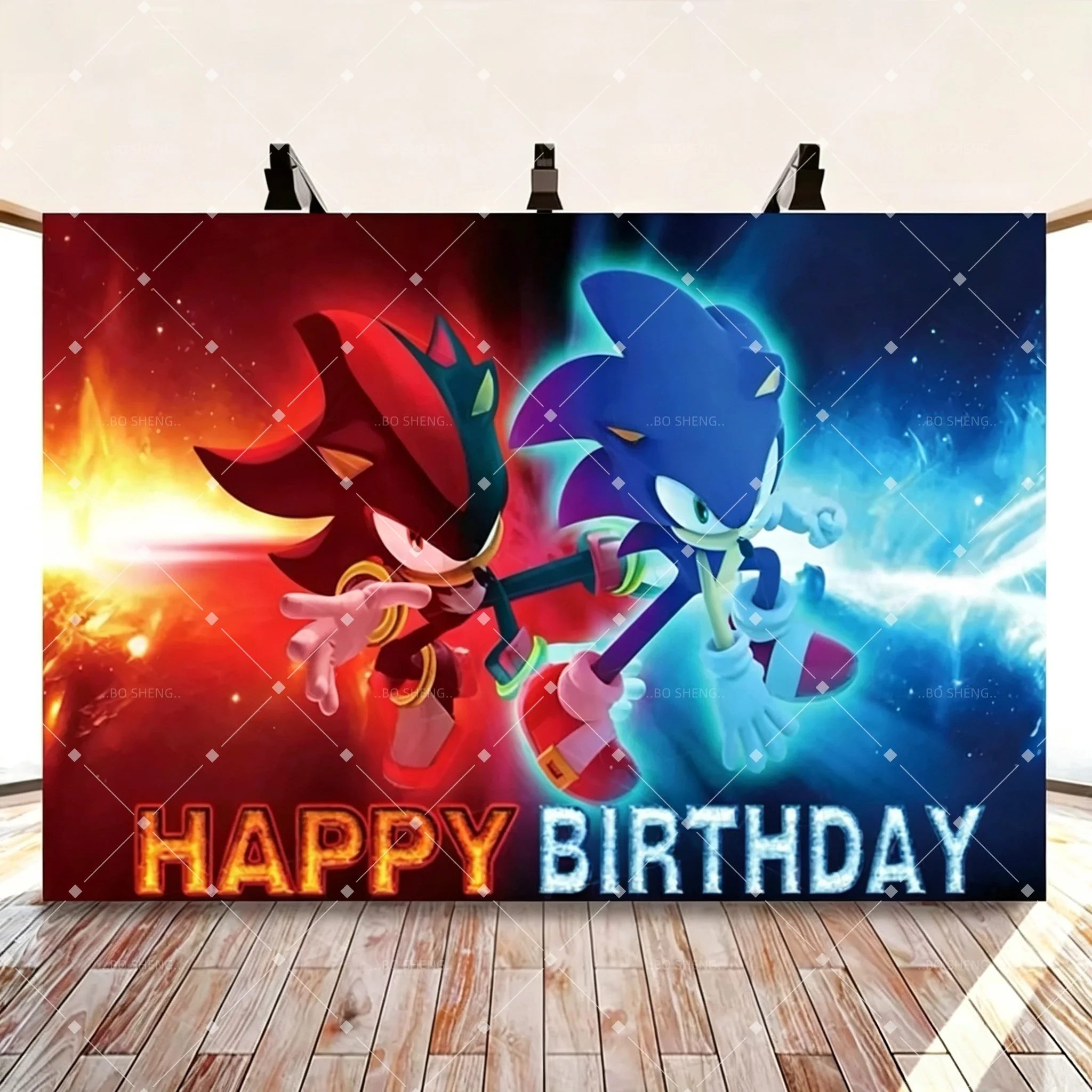 Blue Hedgehog Photography Backdrop Children's Birthday Party Custom Name Boy Favors Decor Wall Photo Backdrop Banner Booth Props view 4