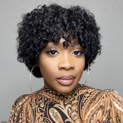 Debut-pelucas de cabello humano peruano para mujer, pelo corto Afro rizado con flequillo, Jerry, Remy, Marrón Natural